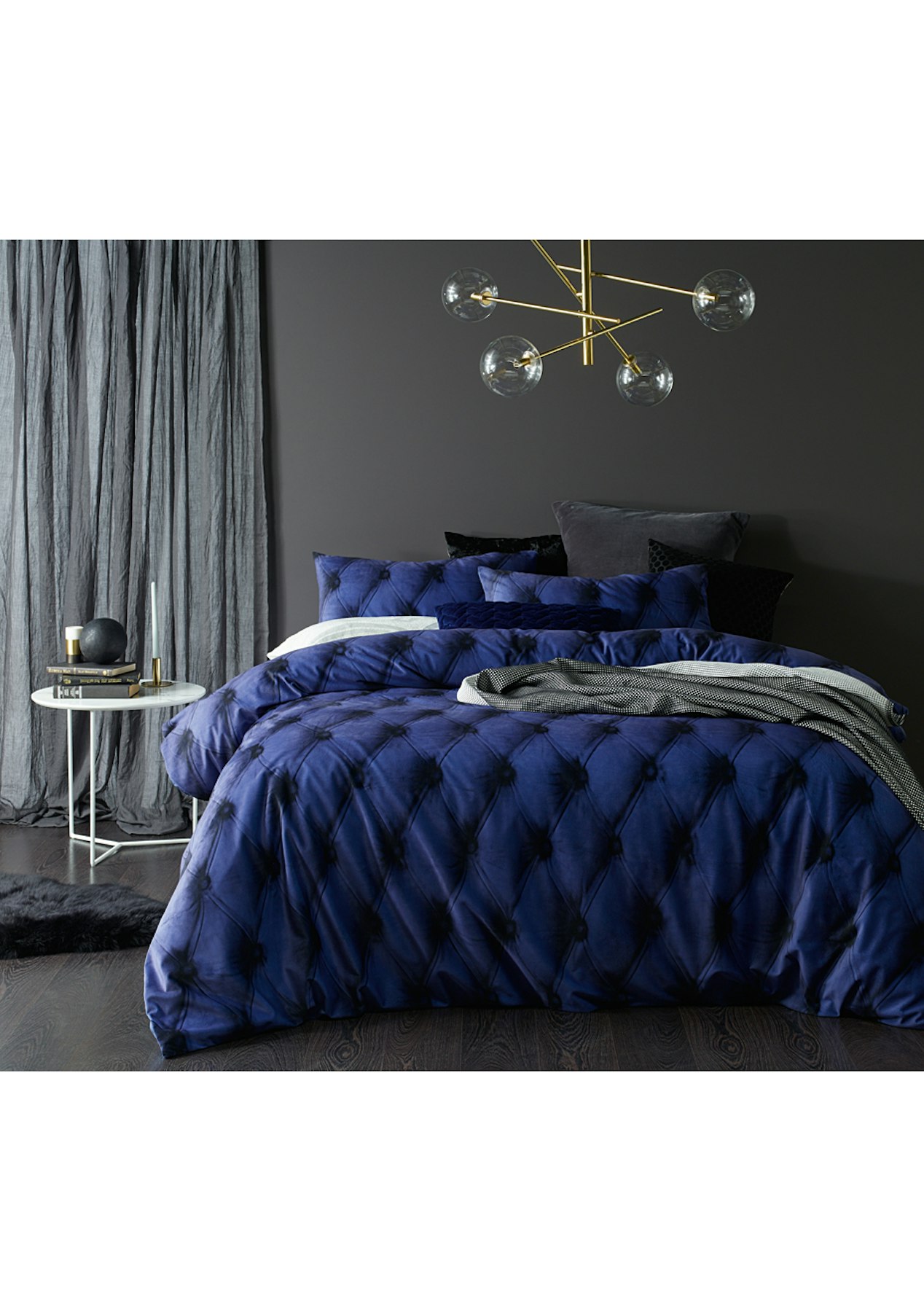 Blue Buttons Printed Velvet Quilt Cover Set King Bed Matte Black