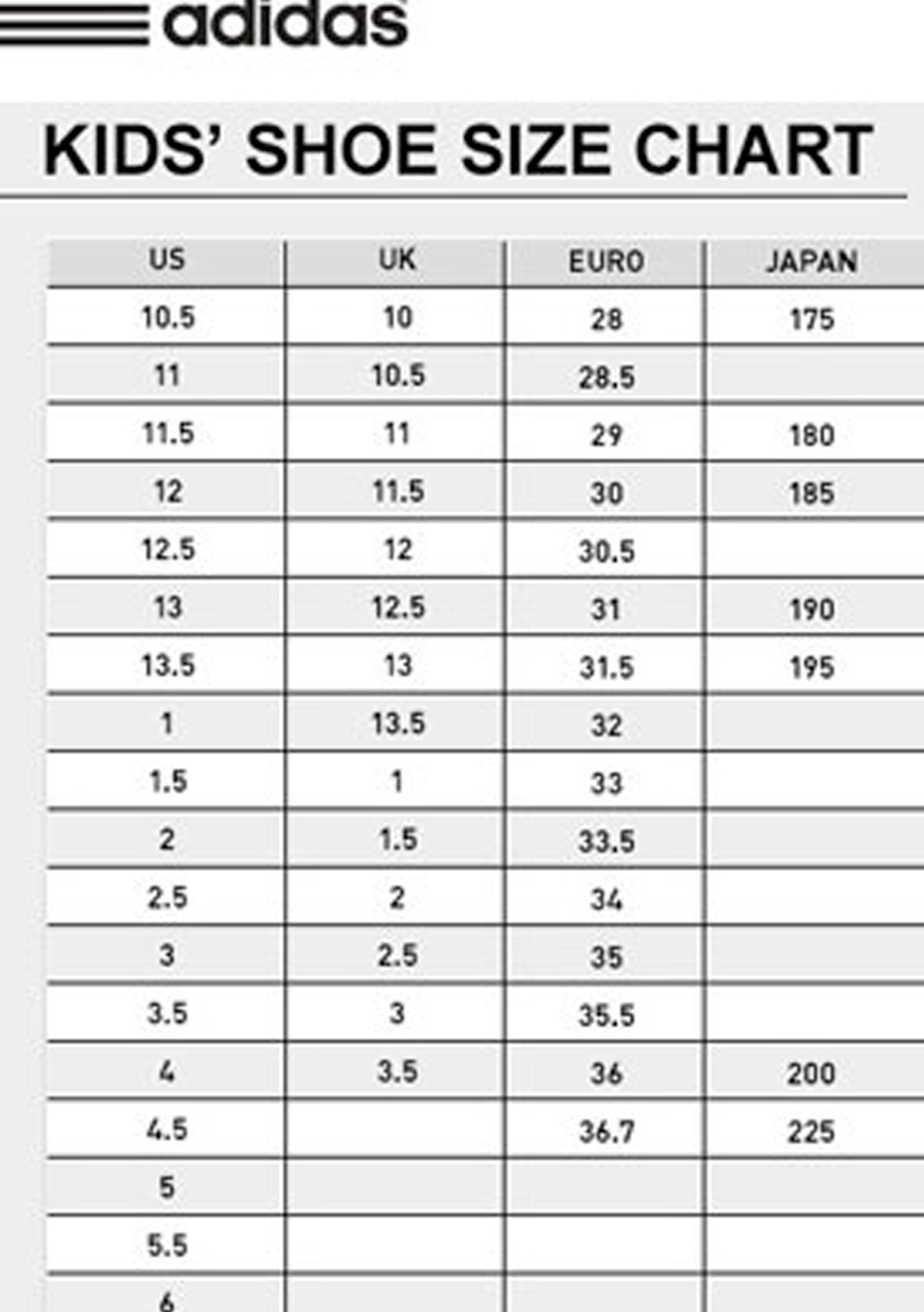 Adidas shoes shop table size japan