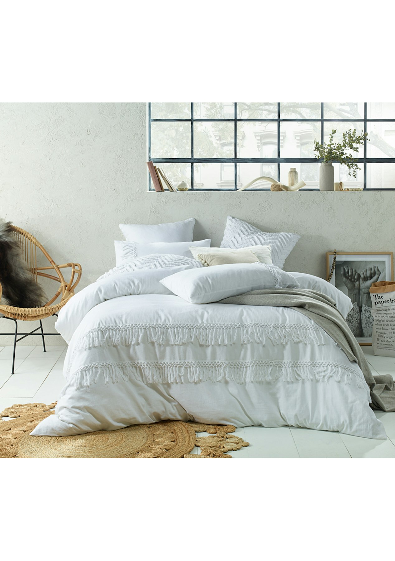 White Boho Linen Cotton Tassel Quilt Cover Set Queen Bed Free
