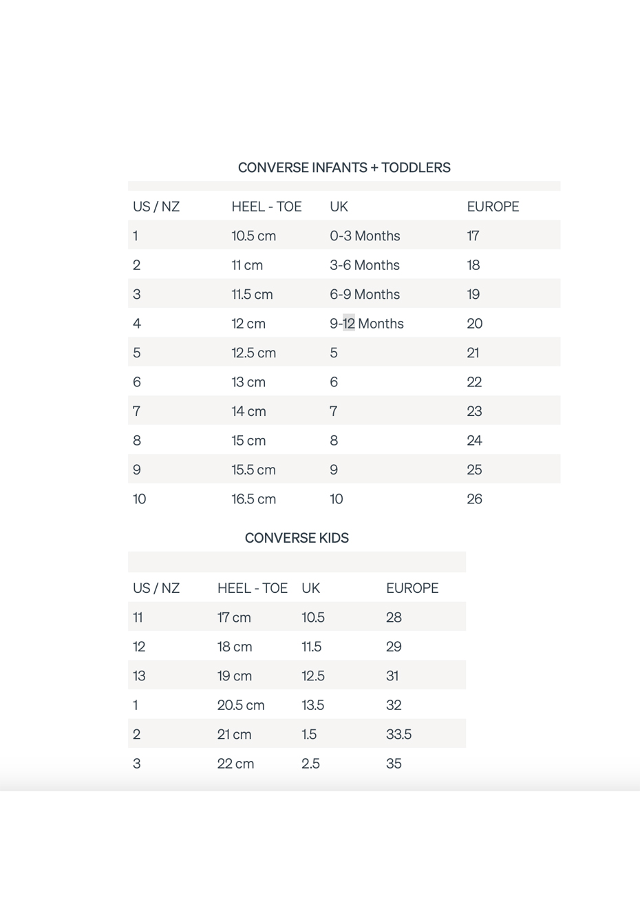 Converse infant shoe store size chart