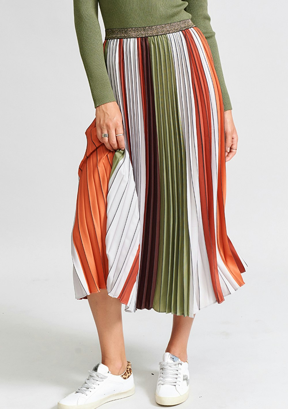 The Others - The Sunray Pleat Skirt - Khaki Neutral Lines - Onceit