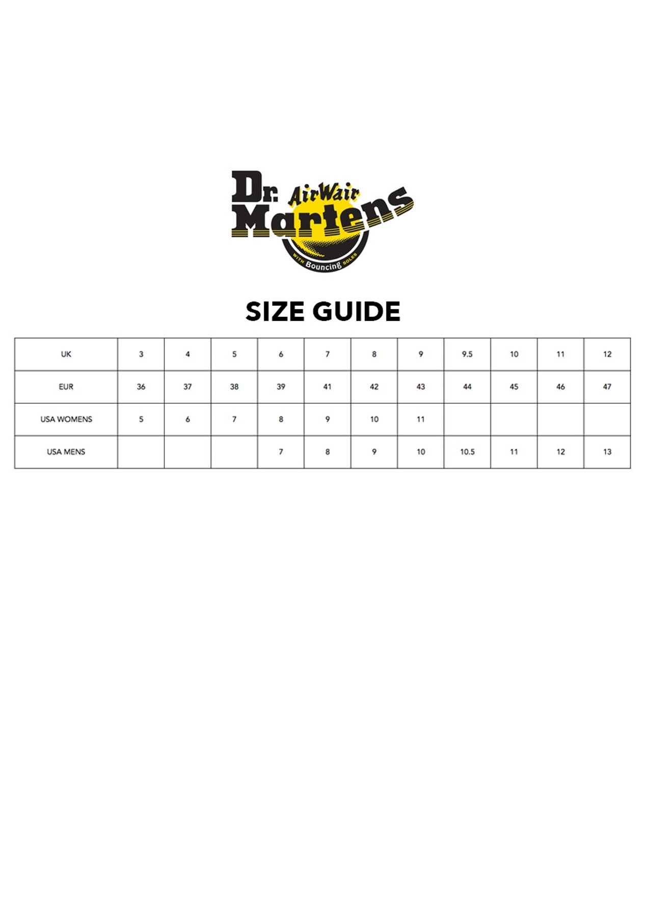 dr martens boots size chart