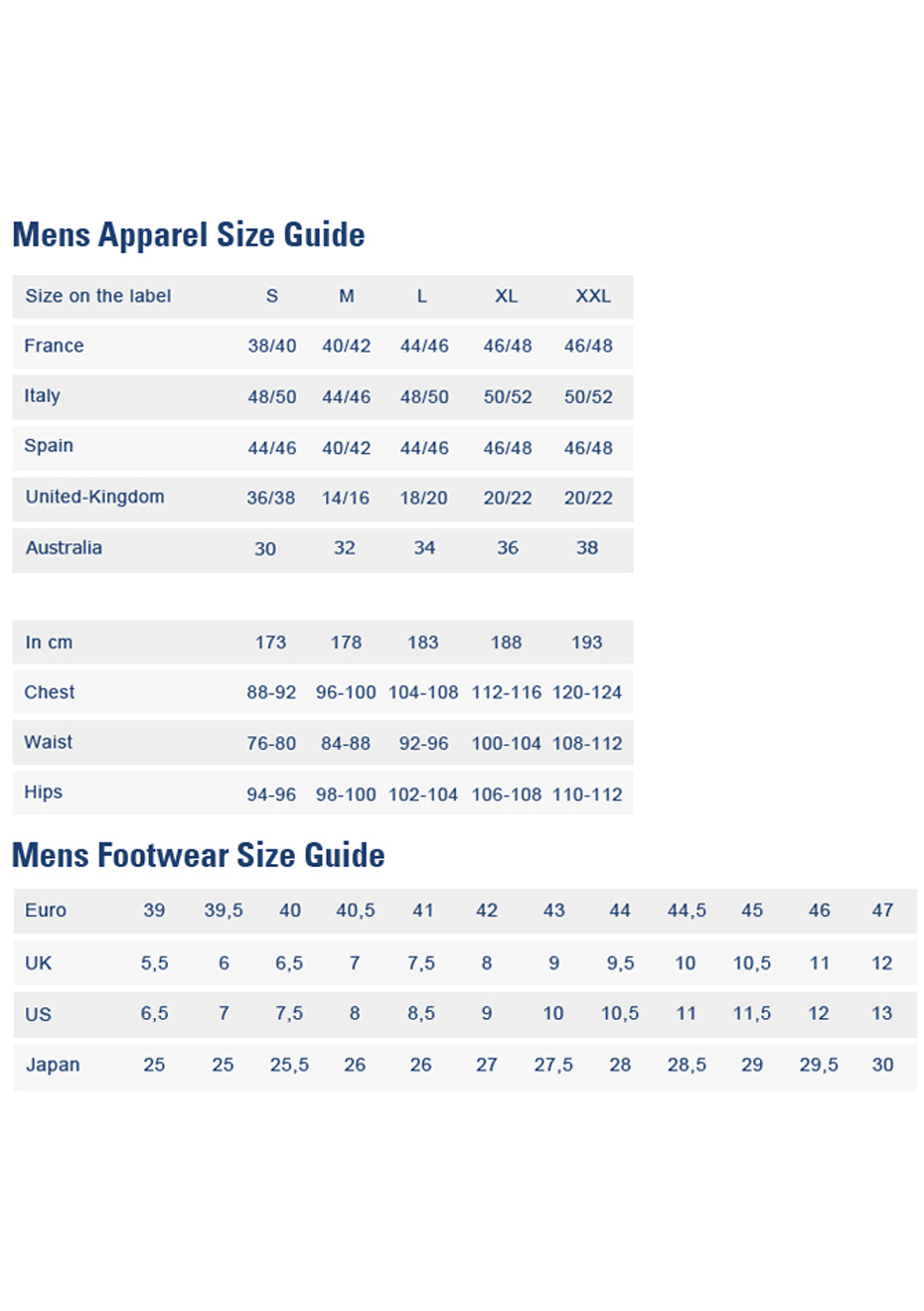 size chart le coq sportif