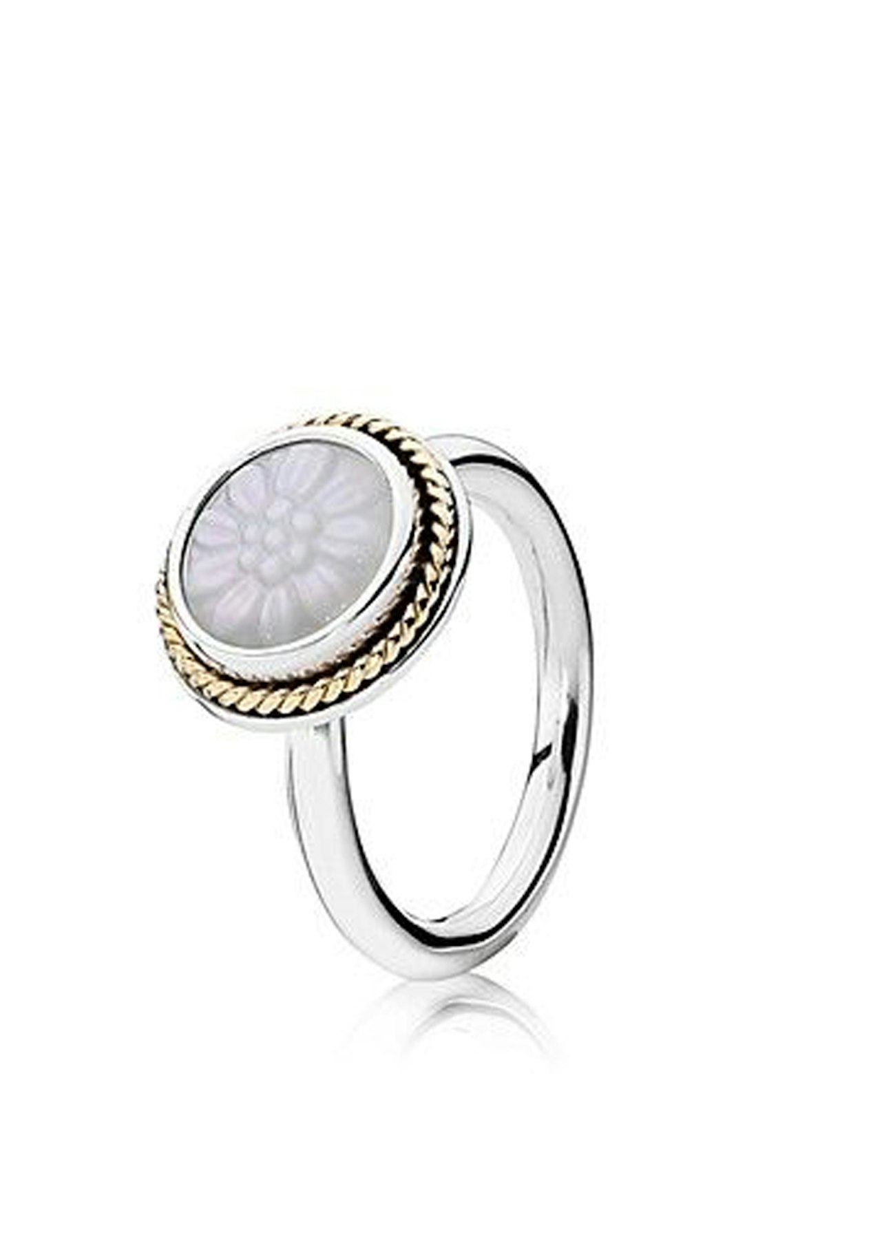 Pandora Silver Feature Ring w 14k & White Mother of Pearl Carved w