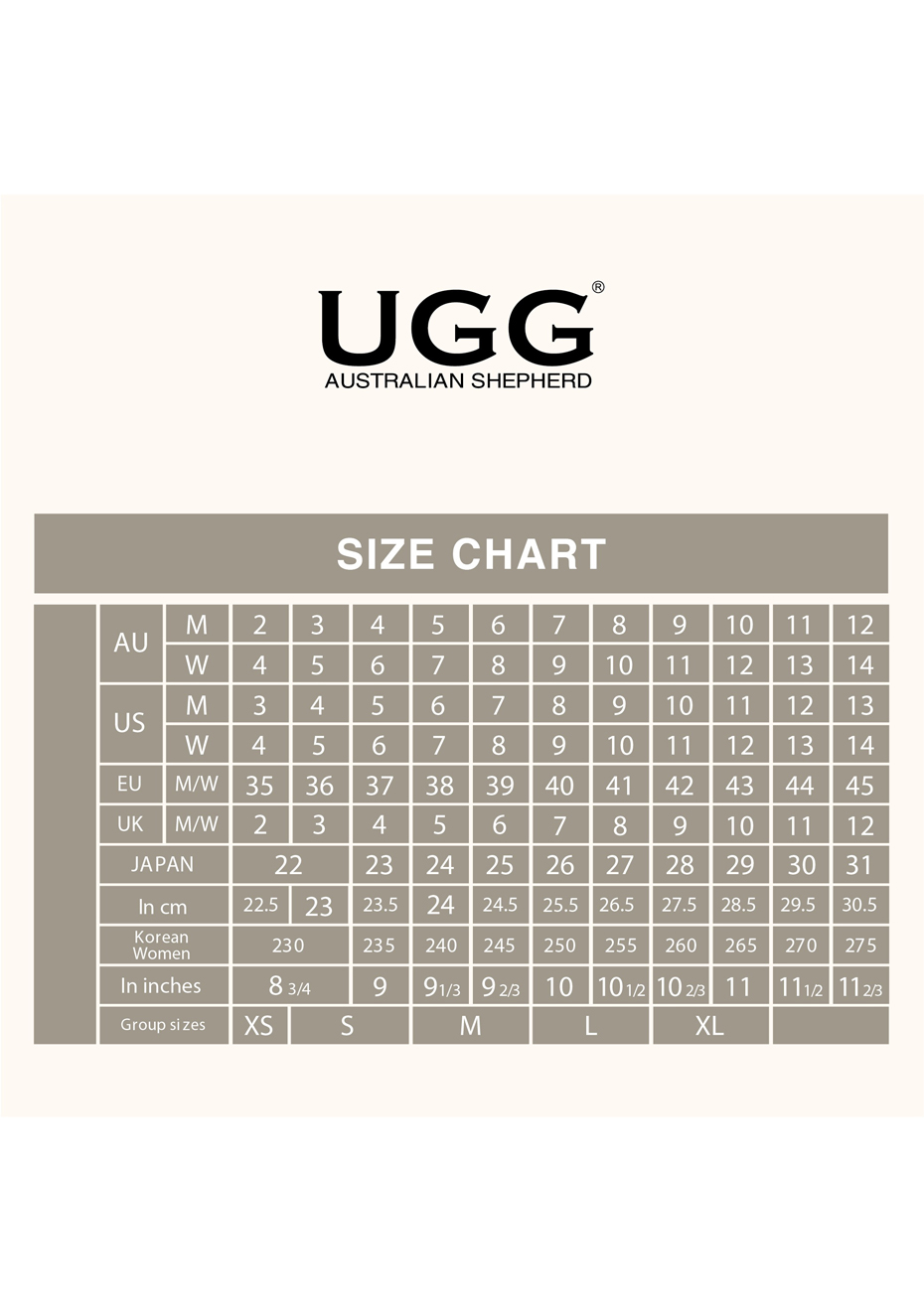 ugg shoe size chart