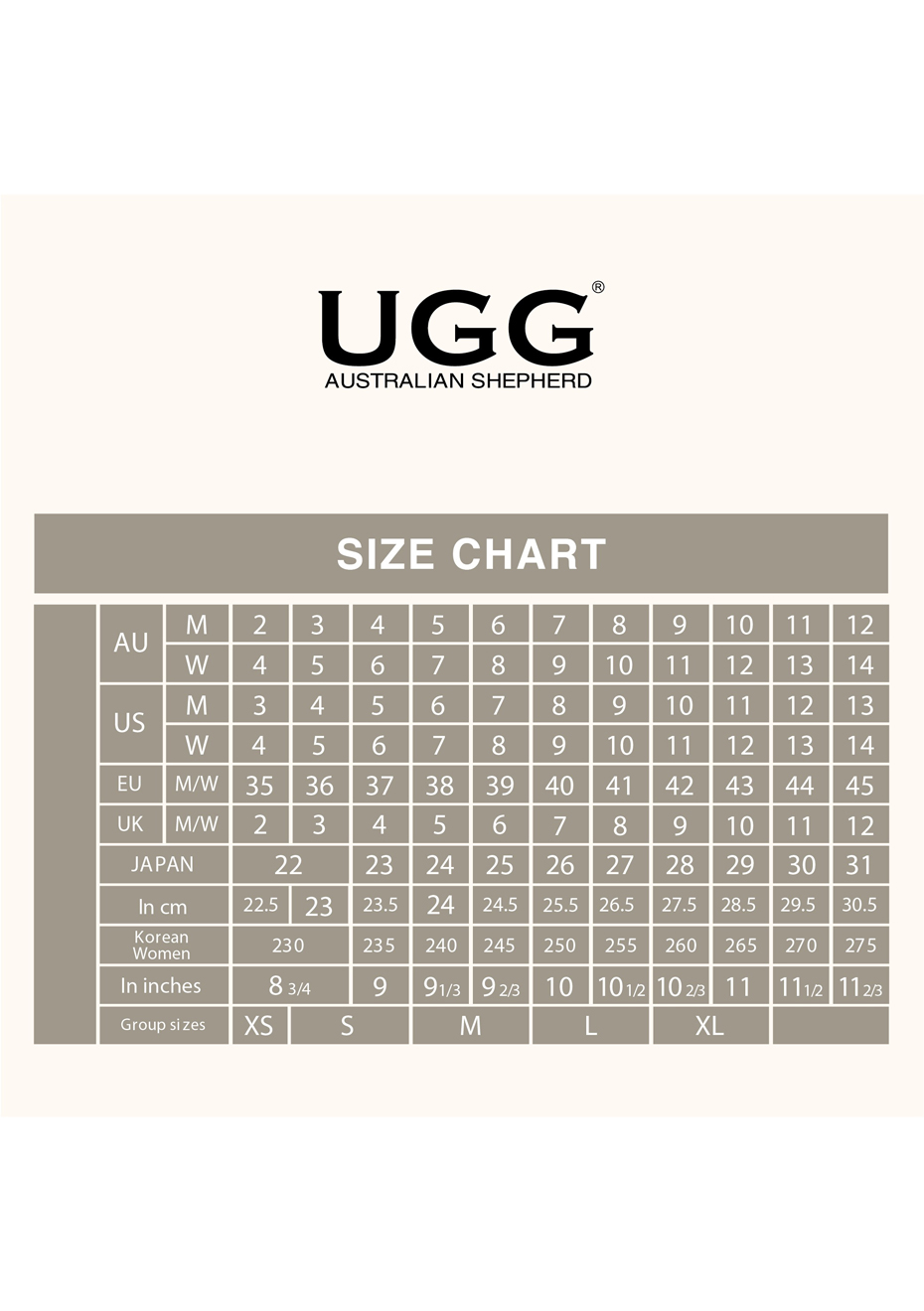 Ugg Australia Size Chart Uk